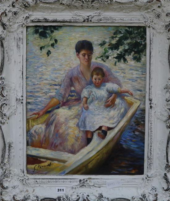 Continental School, oil on canvas board, mother and child on a boat, 49 x 39cm